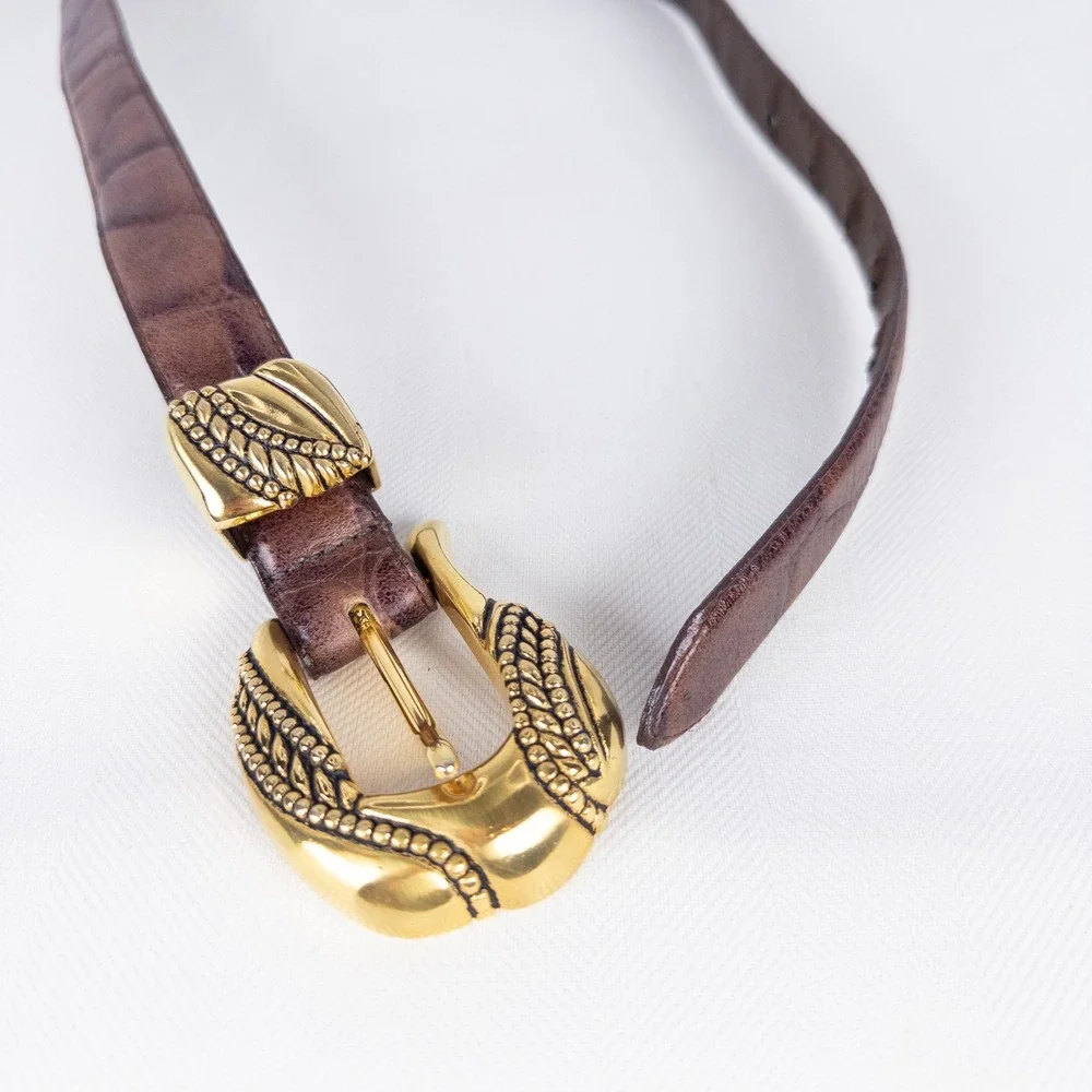 Sculptural Vintage Ritz Brown Leather Croc Embossed Belt Gold Wing Buckle 34